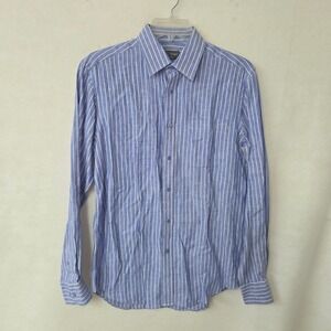 M&S Man Button Down Shirt Mens 15.5 Blue White Striped Pure Linen Regular Fit